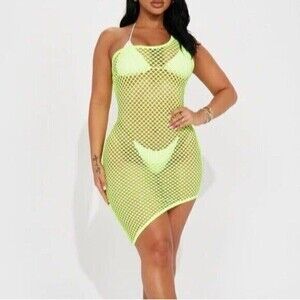 Fishnet Asymmetrical Mesh One Shoulder Neon Yellow Cover Up Dress‎ Size M RefN06